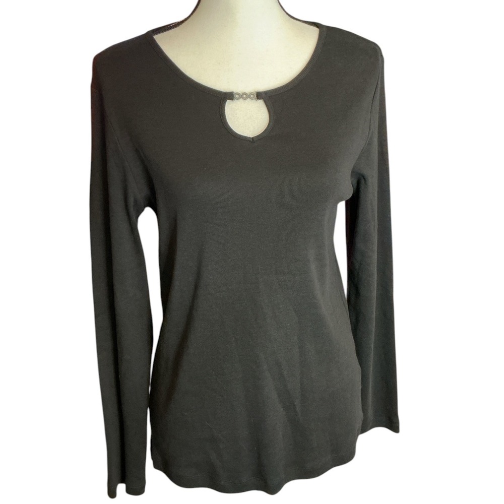 Rafaella Studio Black Ribbed Top Women Size M Keyhole Silver Ring Long Sleeve